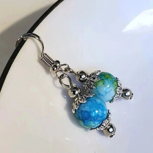 Art Nouveau Mottled Blue Green Glass Beads Antiqued Silver Earrings